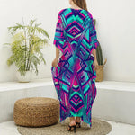Neon Ethnic Aztec Trippy Print Silk V-Neck Kaftan Dress