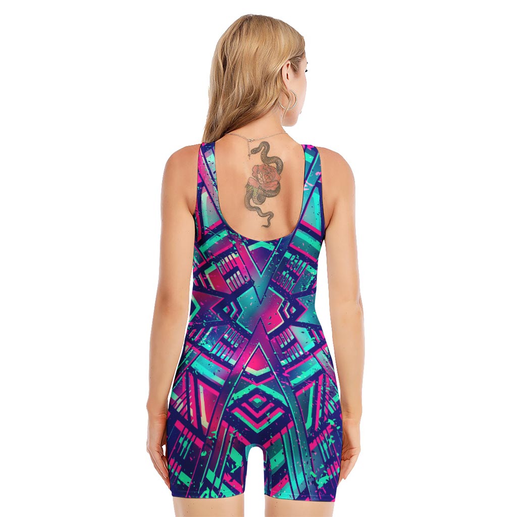 Neon Ethnic Aztec Trippy Print Sleeveless One Piece Swimsuit