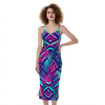 Neon Ethnic Aztec Trippy Print Slim Fit Midi Cami Dress