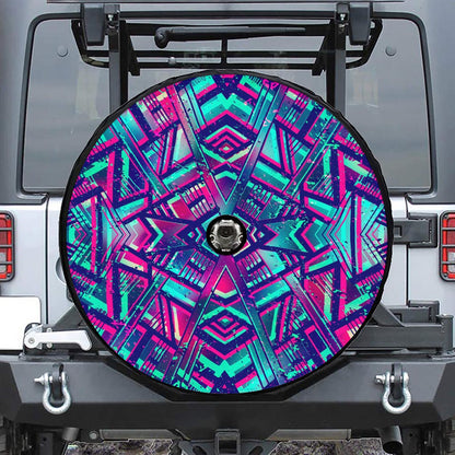 Neon Ethnic Aztec Trippy Print Tire Cover With Camera Hole