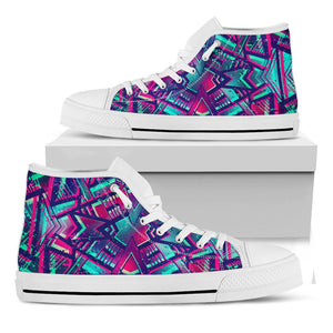 Neon Ethnic Aztec Trippy Print White High Top Sneakers