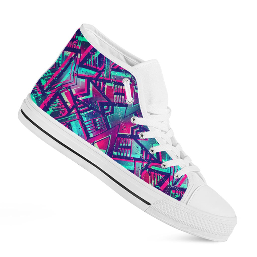 Neon Ethnic Aztec Trippy Print White High Top Sneakers