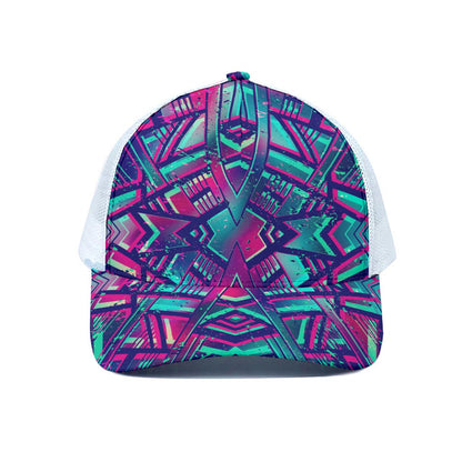 Neon Ethnic Aztec Trippy Print White Mesh Trucker Cap