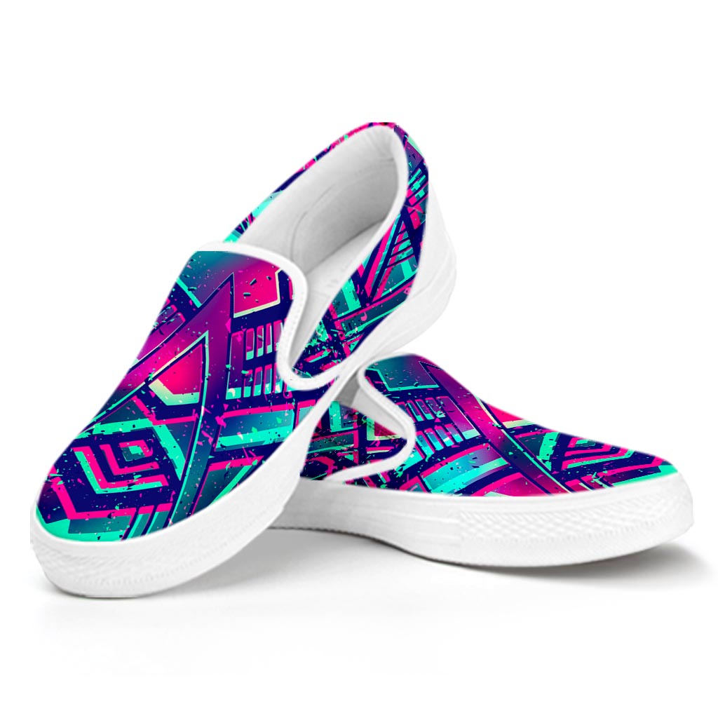 Neon Ethnic Aztec Trippy Print White Slip On Sneakers