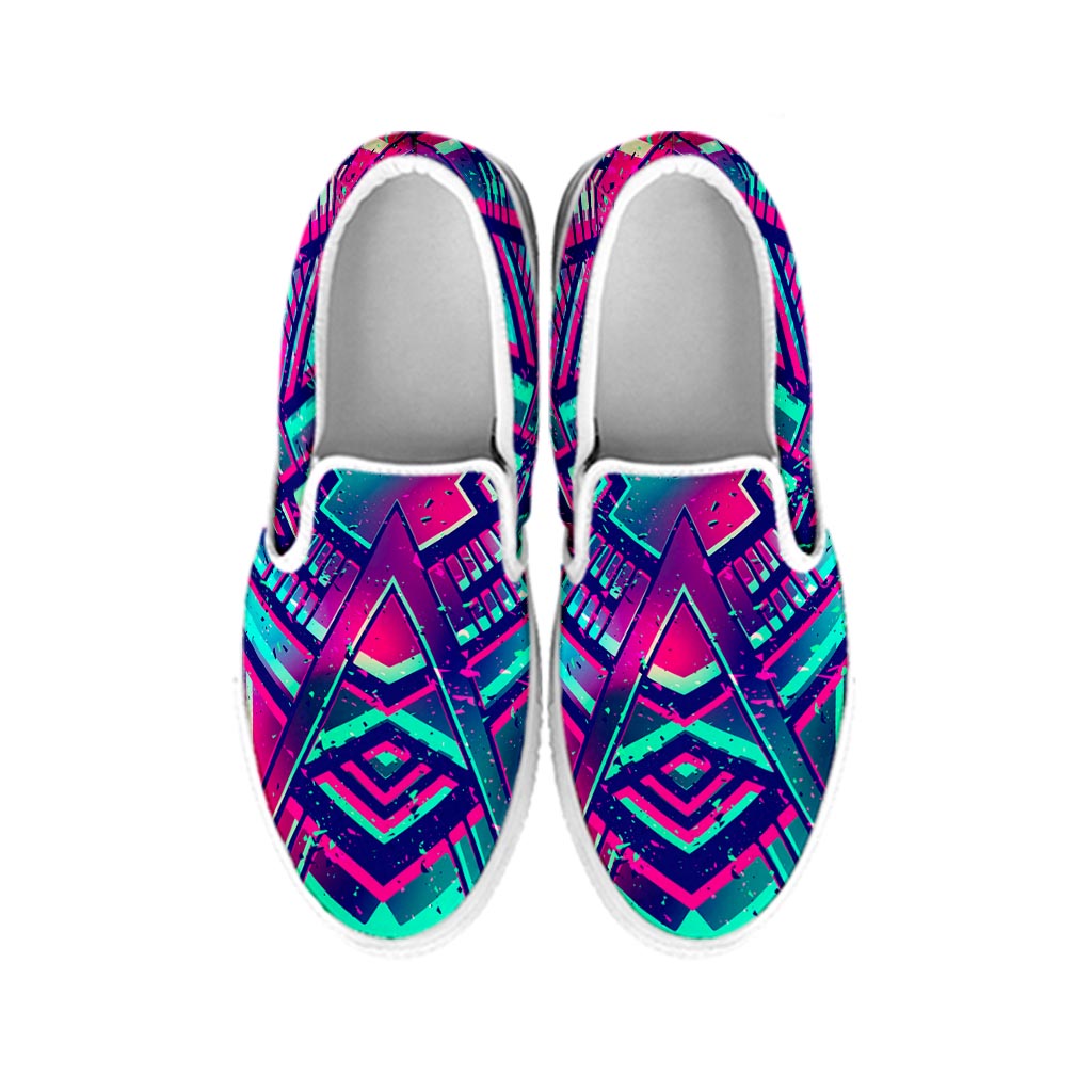 Neon Ethnic Aztec Trippy Print White Slip On Sneakers