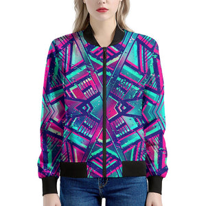 Neon Ethnic Aztec Trippy Print Women's Bomber Jacket