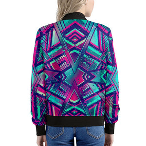 Neon Ethnic Aztec Trippy Print Women's Bomber Jacket