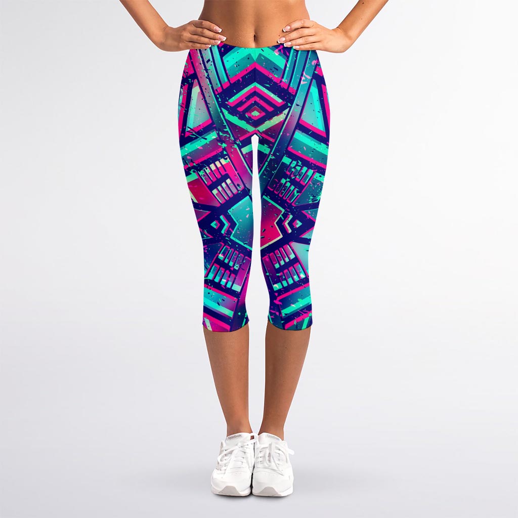 Neon Ethnic Aztec Trippy Print Women's Capri Leggings