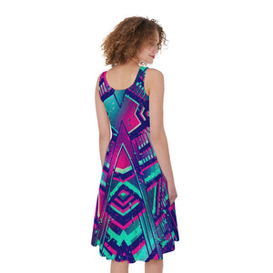 Neon Ethnic Aztec Trippy Print Women's Sleeveless Dress