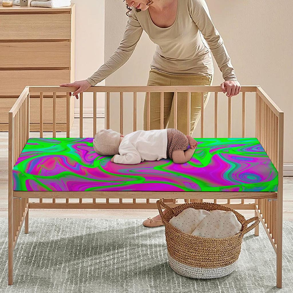 Neon Green Pink Psychedelic Trippy Print Baby Crib Sheet