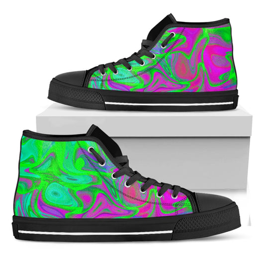Neon Green Pink Psychedelic Trippy Print Black High Top Sneakers