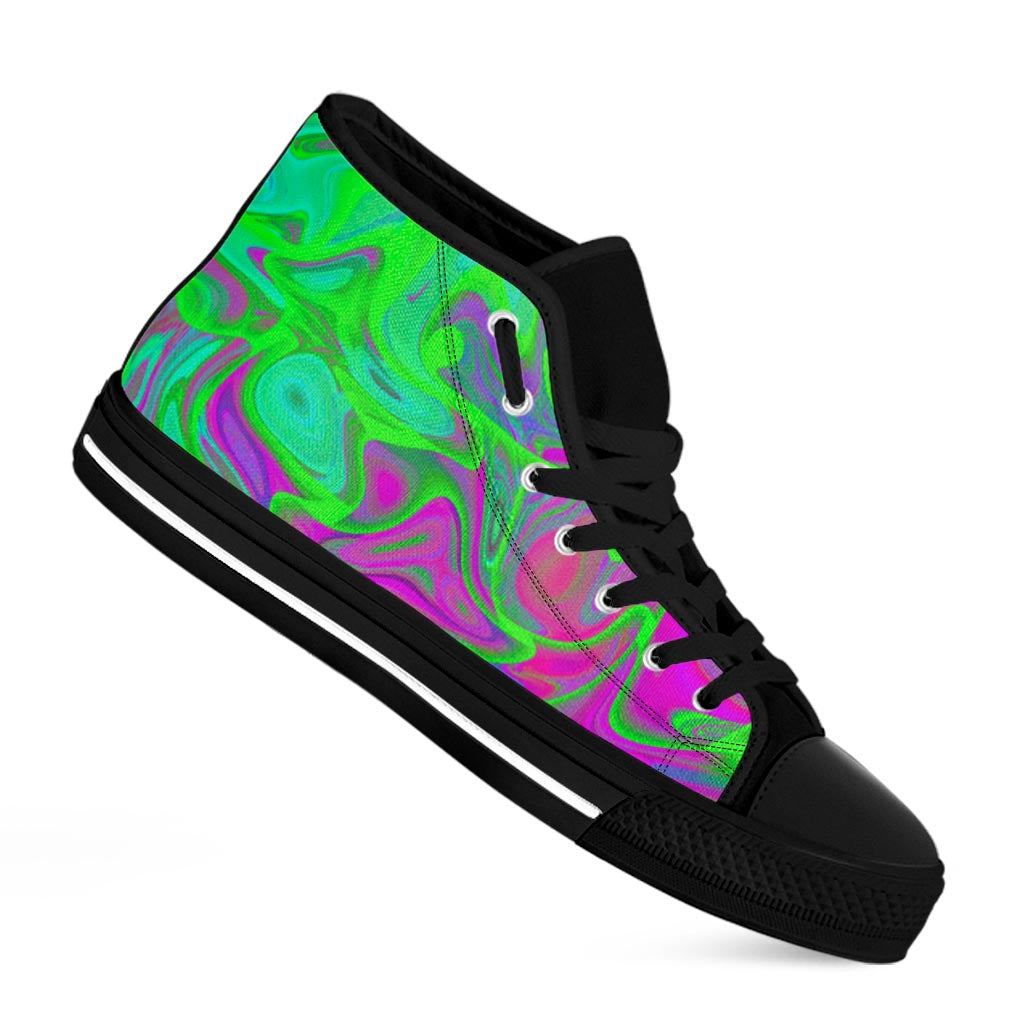 Neon Green Pink Psychedelic Trippy Print Black High Top Sneakers