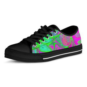 Neon Green Pink Psychedelic Trippy Print Black Low Top Sneakers