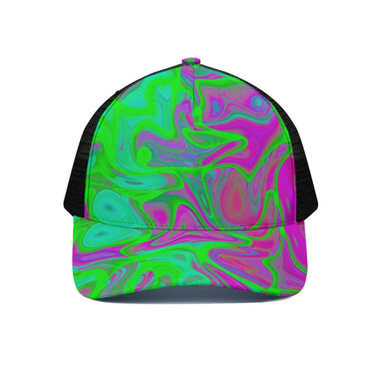 Neon Green Pink Psychedelic Trippy Print Black Mesh Trucker Cap