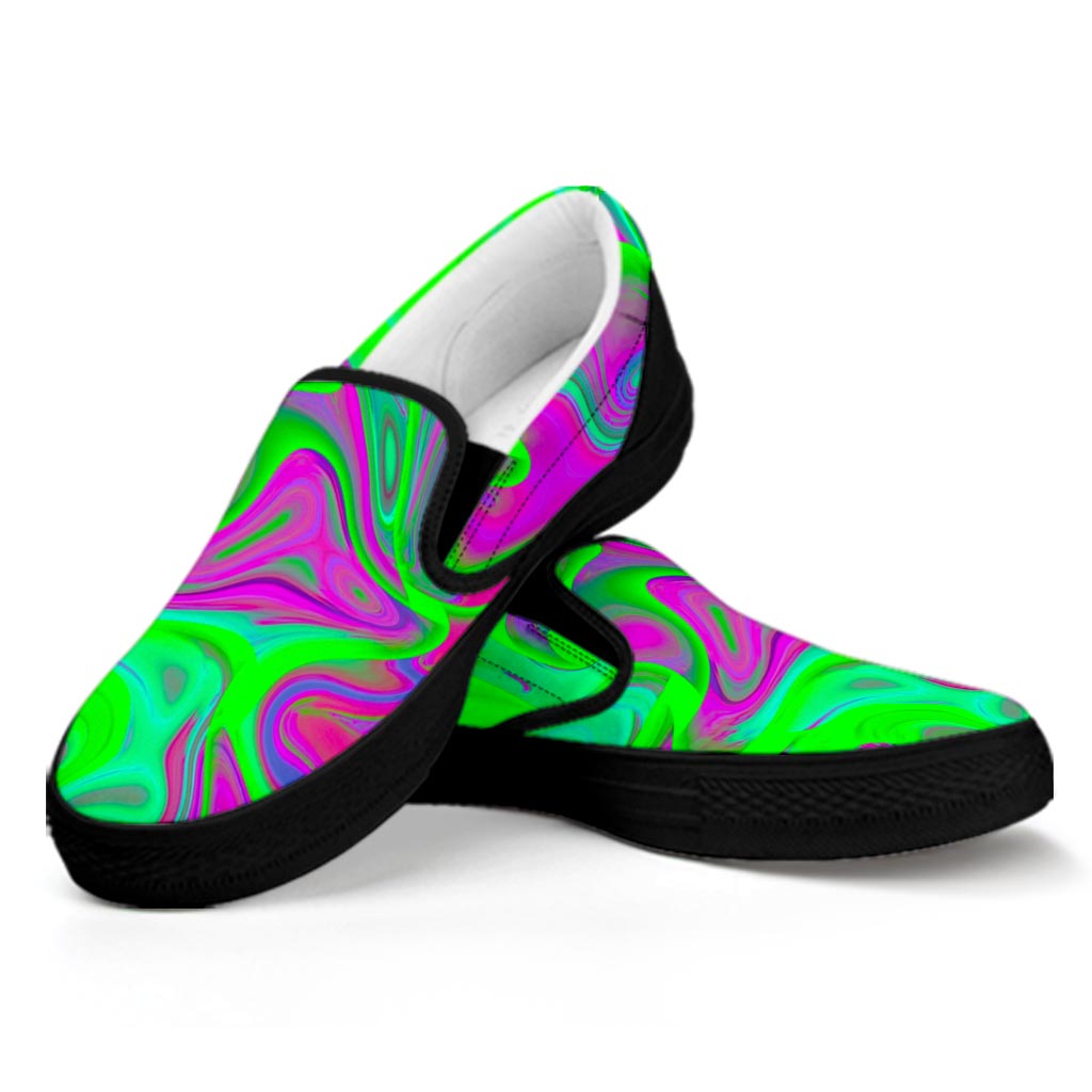 Neon Green Pink Psychedelic Trippy Print Black Slip On Sneakers