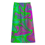 Neon Green Pink Psychedelic Trippy Print Cotton Front Slit Maxi Skirt
