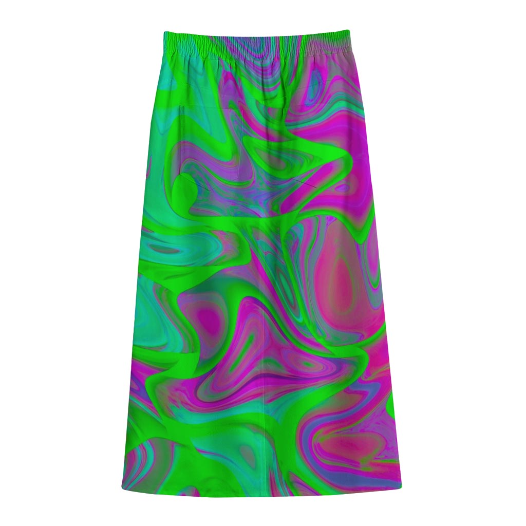 Neon Green Pink Psychedelic Trippy Print Cotton Front Slit Maxi Skirt