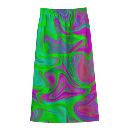 Neon Green Pink Psychedelic Trippy Print Cotton Front Slit Maxi Skirt