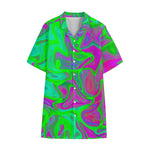 Neon Green Pink Psychedelic Trippy Print Cotton Hawaiian Shirt
