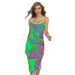 Neon Green Pink Psychedelic Trippy Print Cross Back Cami Dress