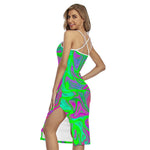Neon Green Pink Psychedelic Trippy Print Cross Back Cami Dress