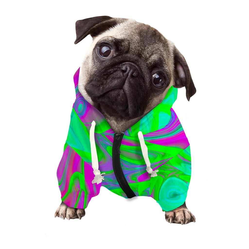 Neon Green Pink Psychedelic Trippy Print Dog Zip Up Hoodie