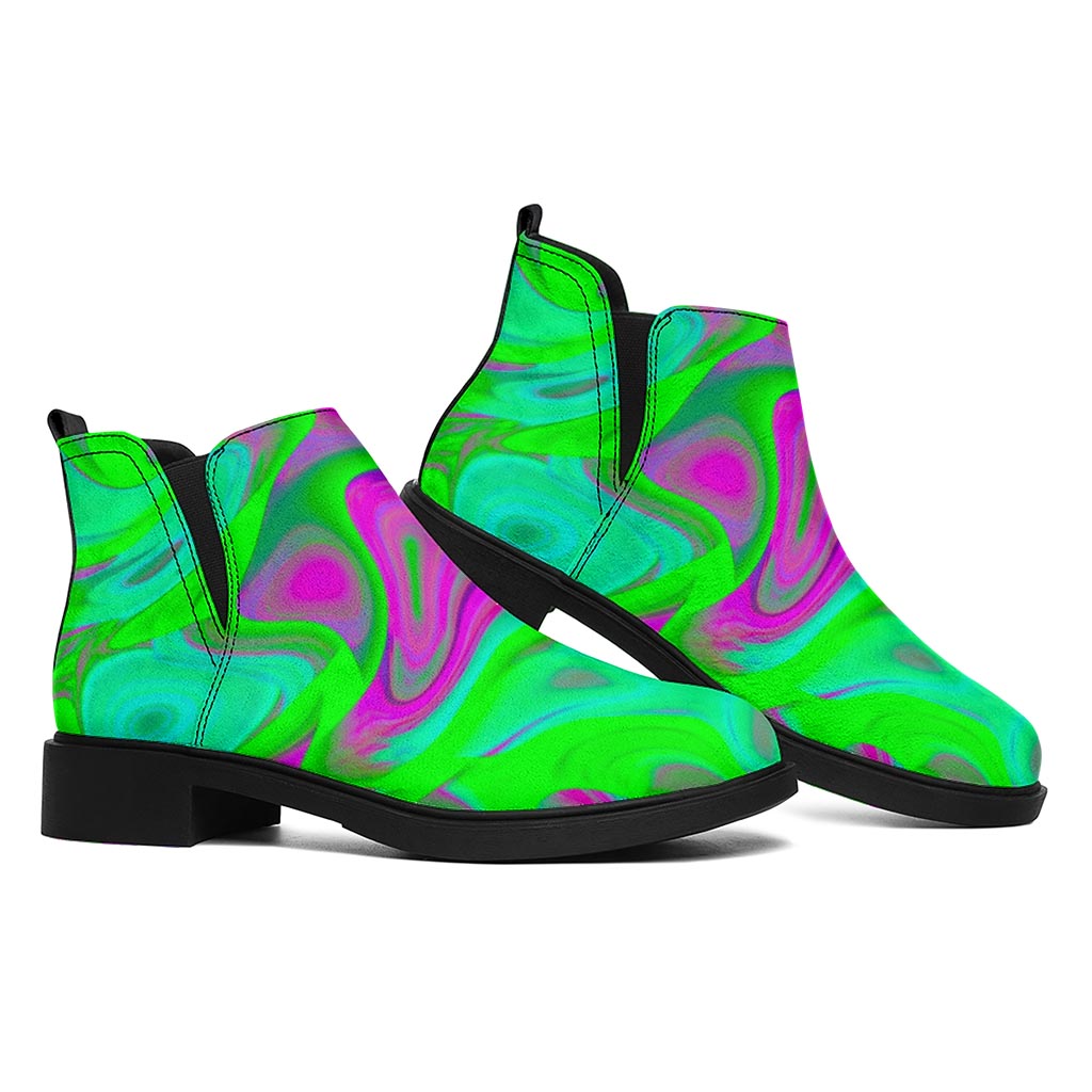 Neon Green Pink Psychedelic Trippy Print Flat Ankle Boots