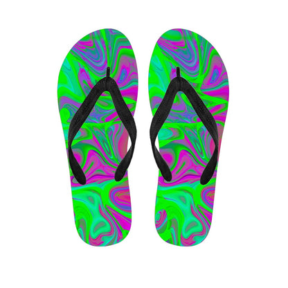 Neon Green Pink Psychedelic Trippy Print Flip Flops