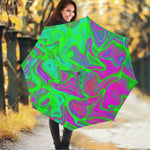 Neon Green Pink Psychedelic Trippy Print Foldable Umbrella