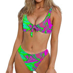 Neon Green Pink Psychedelic Trippy Print Front Bow Tie Bikini