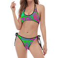 Neon Green Pink Psychedelic Trippy Print Halter Scoop Tie Side Bikini