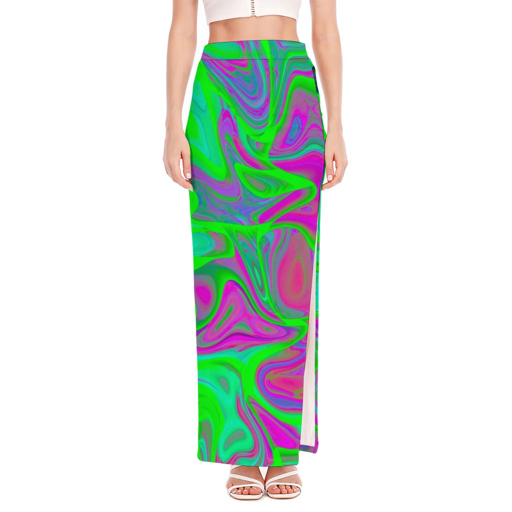 Neon Green Pink Psychedelic Trippy Print High Slit Maxi Skirt