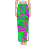 Neon Green Pink Psychedelic Trippy Print High Slit Maxi Skirt