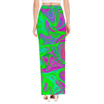 Neon Green Pink Psychedelic Trippy Print High Slit Maxi Skirt