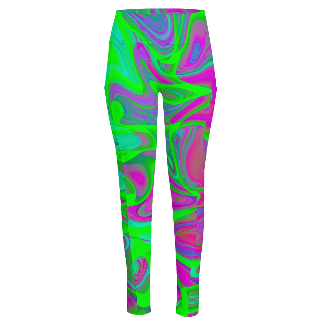 Neon Green Pink Psychedelic Trippy Print High-Waisted Pocket Leggings