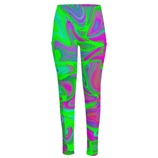 Neon Green Pink Psychedelic Trippy Print High-Waisted Pocket Leggings