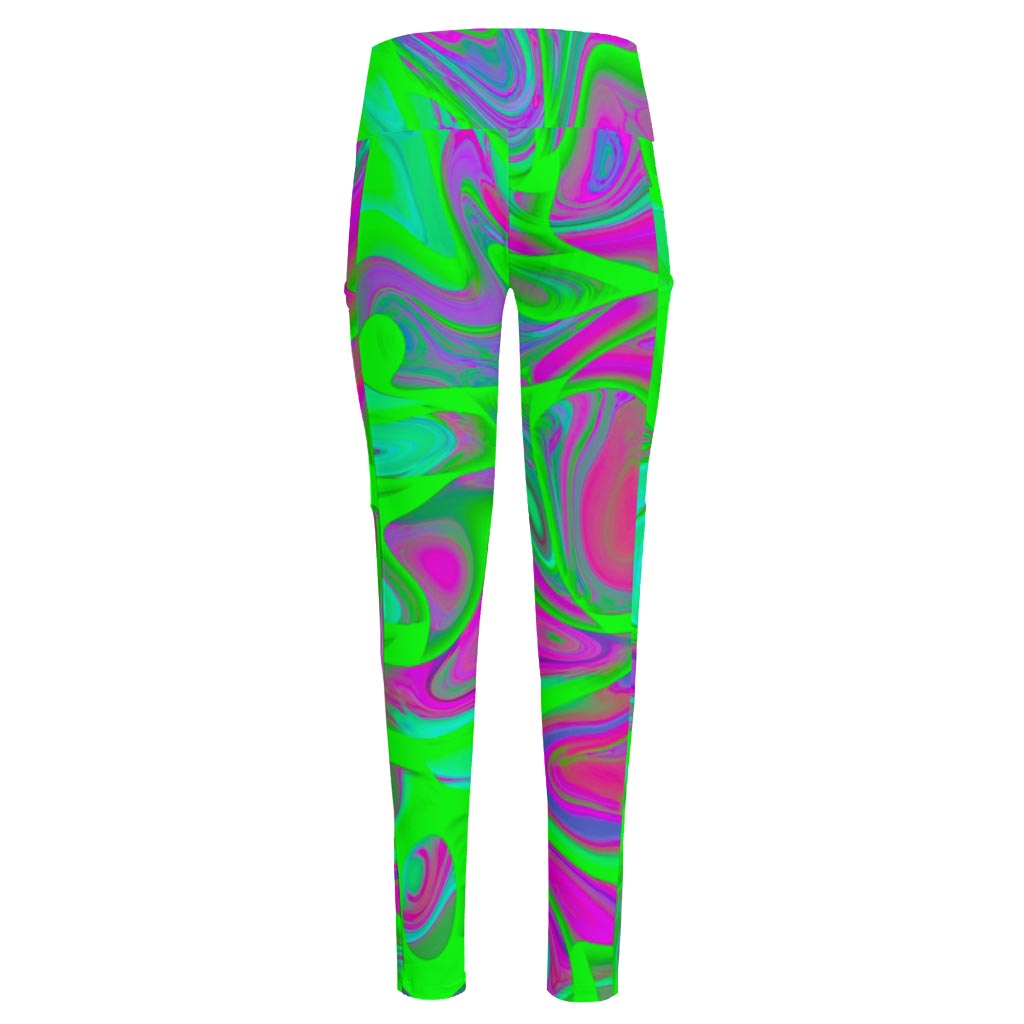 Neon Green Pink Psychedelic Trippy Print High-Waisted Pocket Leggings