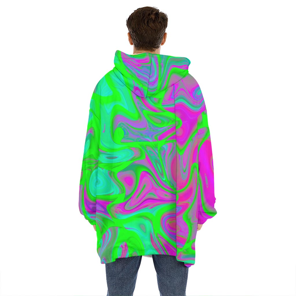 Neon Green Pink Psychedelic Trippy Print Hoodie Blanket