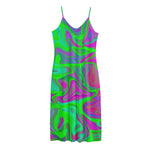 Neon Green Pink Psychedelic Trippy Print Jersey Midi Cami Dress