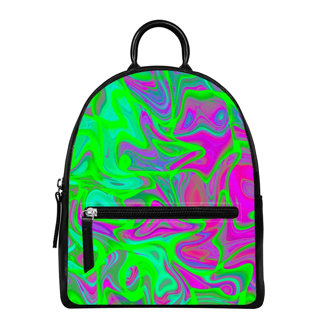 Neon Green Pink Psychedelic Trippy Print Leather Backpack