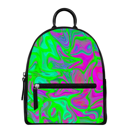 Neon Green Pink Psychedelic Trippy Print Leather Backpack