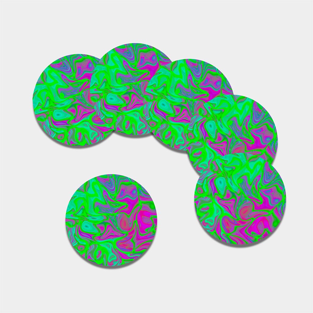 Neon Green Pink Psychedelic Trippy Print Leather Coaster Set