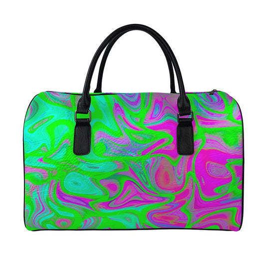Neon Green Pink Psychedelic Trippy Print Leather Duffle Bag