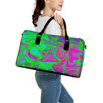 Neon Green Pink Psychedelic Trippy Print Leather Duffle Bag