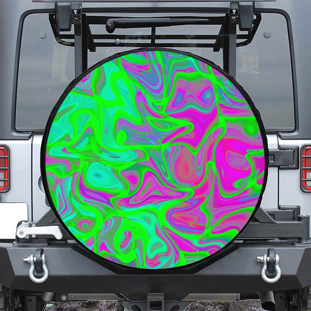 Neon Green Pink Psychedelic Trippy Print Leather Spare Tire Cover