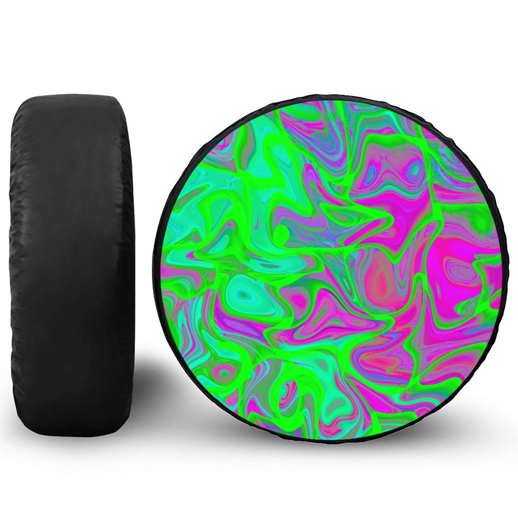 Neon Green Pink Psychedelic Trippy Print Leather Spare Tire Cover