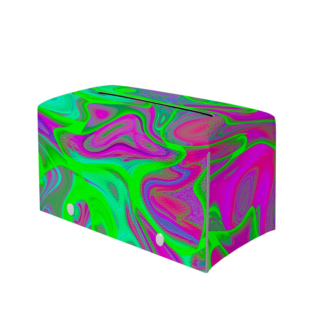 Neon Green Pink Psychedelic Trippy Print Leather Tissue Box Cover