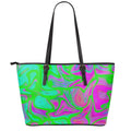 Neon Green Pink Psychedelic Trippy Print Leather Tote Bag With Zipper