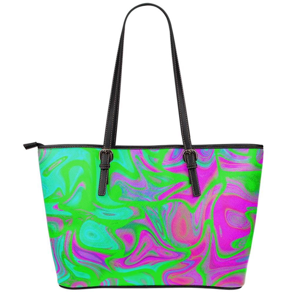 Neon Green Pink Psychedelic Trippy Print Leather Tote Bag