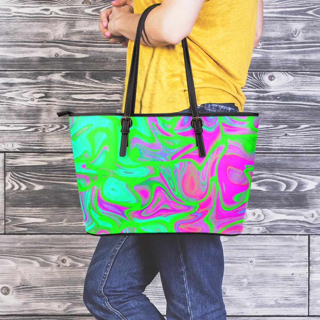 Neon Green Pink Psychedelic Trippy Print Leather Tote Bag